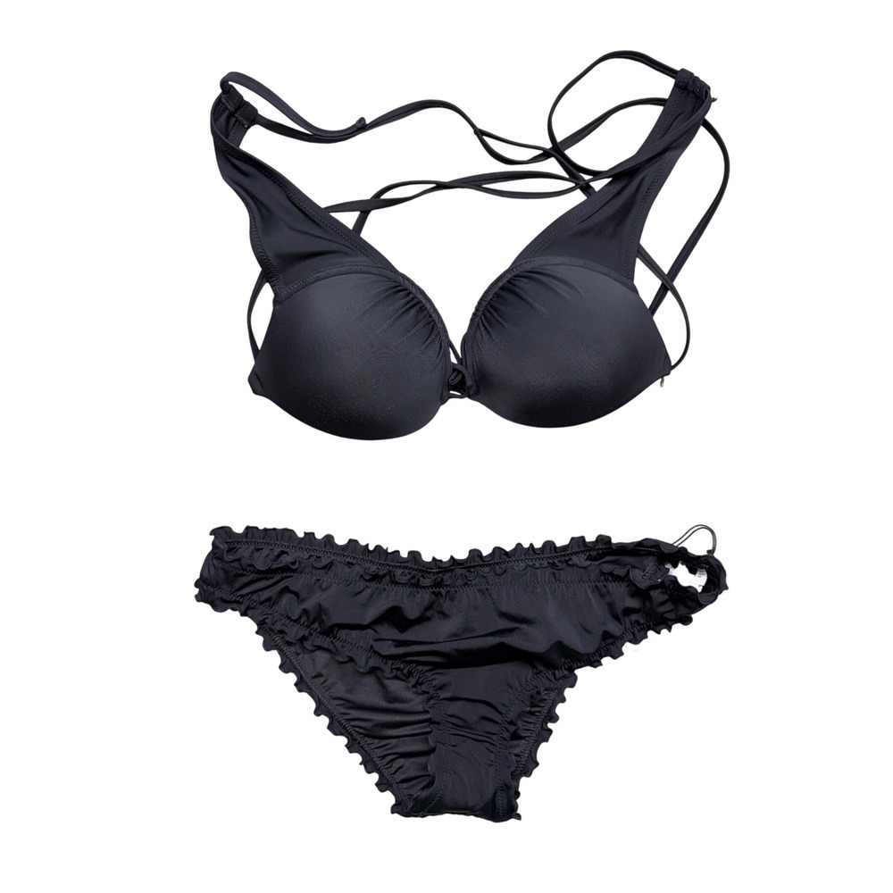 Shade & Shore Black Bikini swim bathing suit Set 38B Top Large  
Ruffle Bottoms
